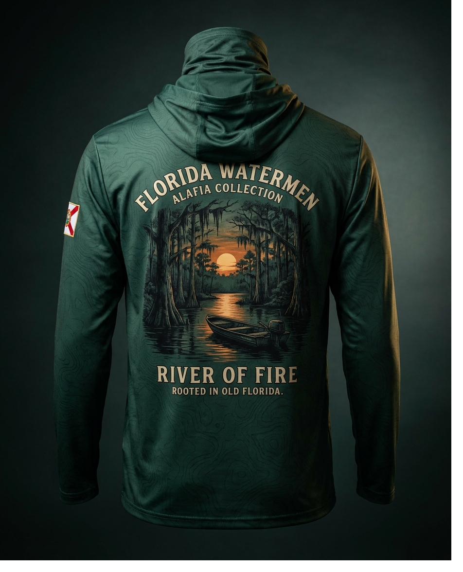 Alafia collection hooded gaiter shirt, jon boat on the blackwater River of Fire