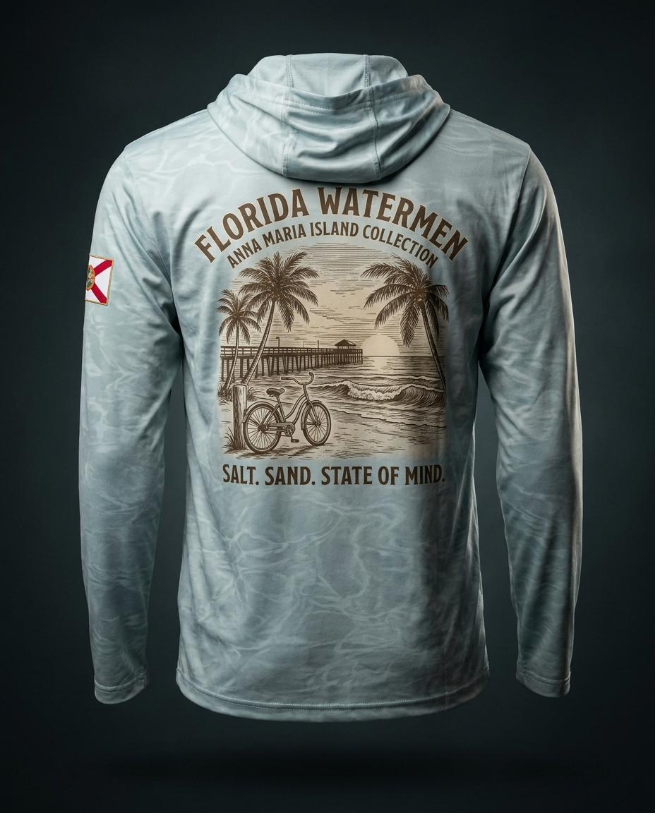 Anna Maria Island collection hooded gaiter shirt, beach pier and cruiser bike at sunset