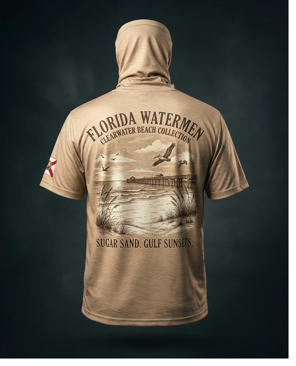 Clearwater Beach collection hooded gaiter shirt, white-sand gulf beach at sunset