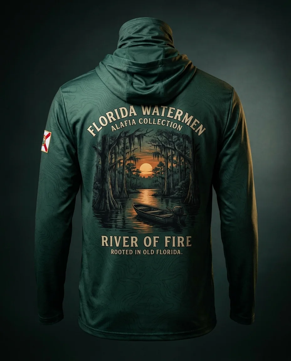 Alafia collection hooded gaiter shirt — jon boat on the blackwater River of Fire