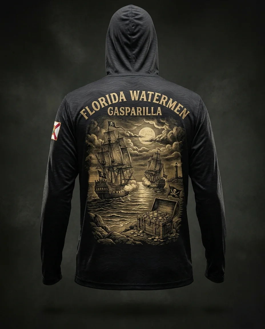 Gasparilla collection hooded gaiter shirt — pirate galleons battling on a moonlit sea