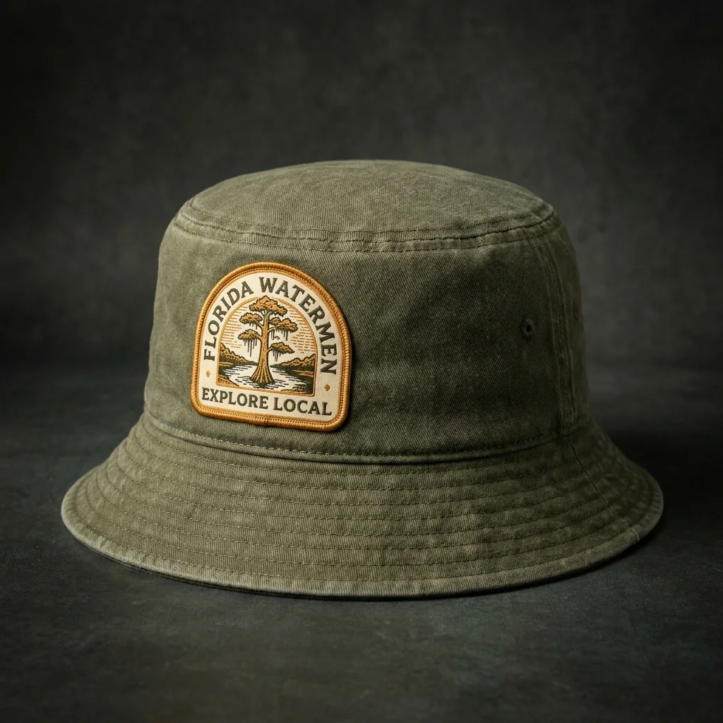 Florida Watermen olive bucket hat with cypress river patch