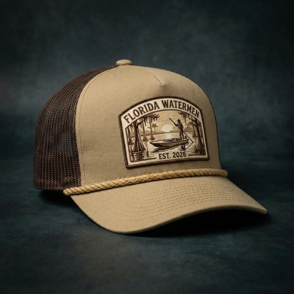 Florida Watermen rope trucker hat with engraved skiff patch