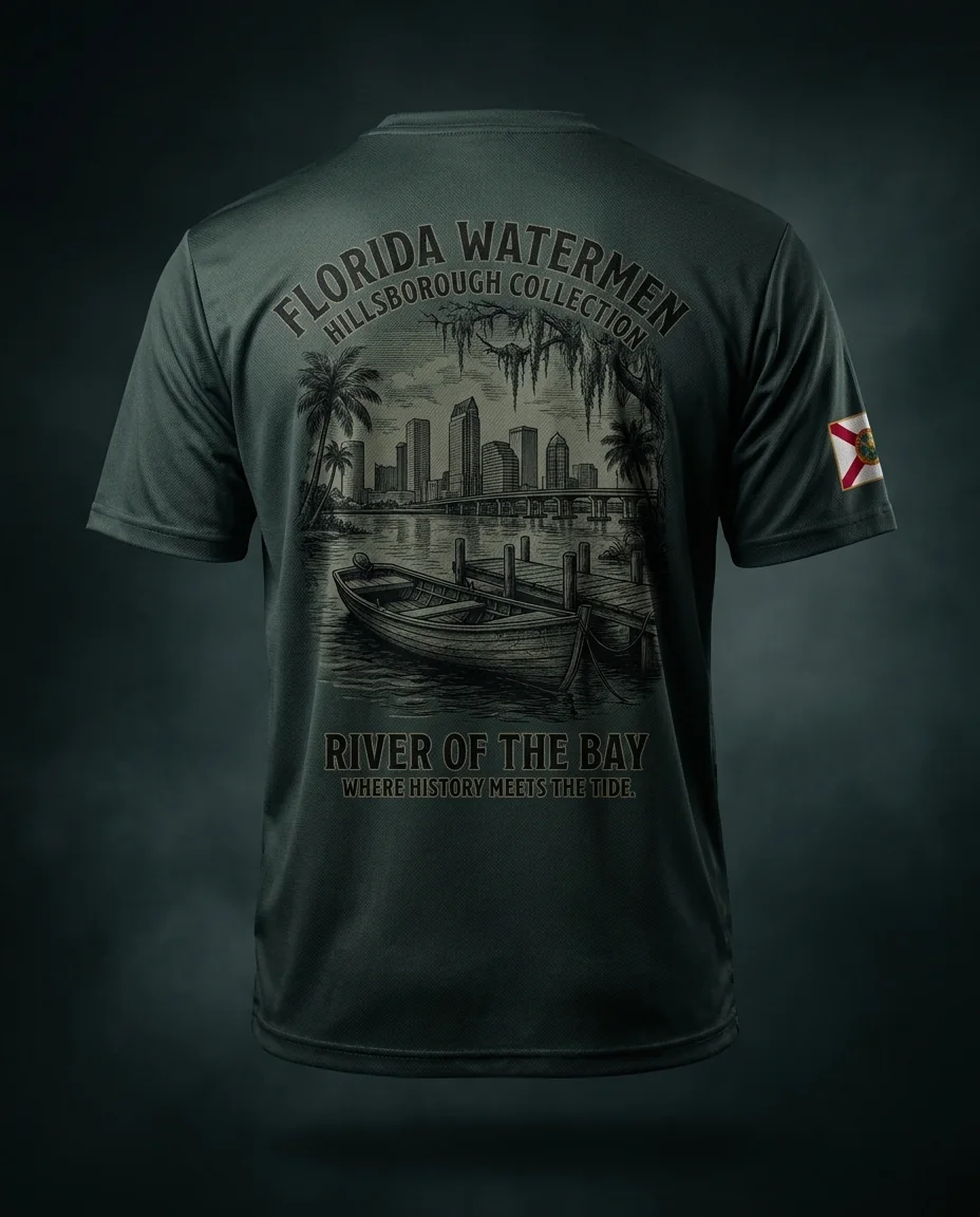 Hillsborough collection long sleeve shirt — river skiff against the Tampa skyline