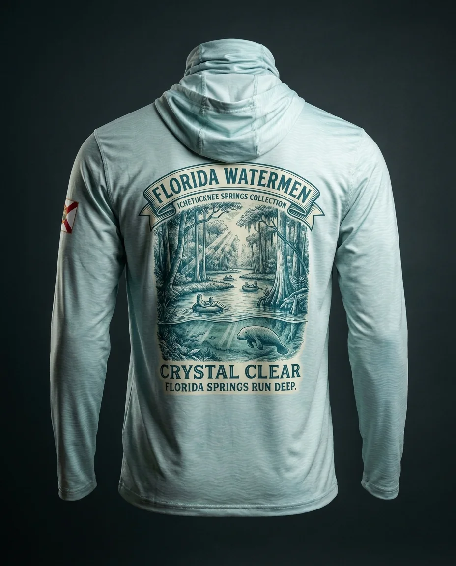 Ichetucknee Springs collection hooded gaiter shirt — crystal spring river through hardwood forest