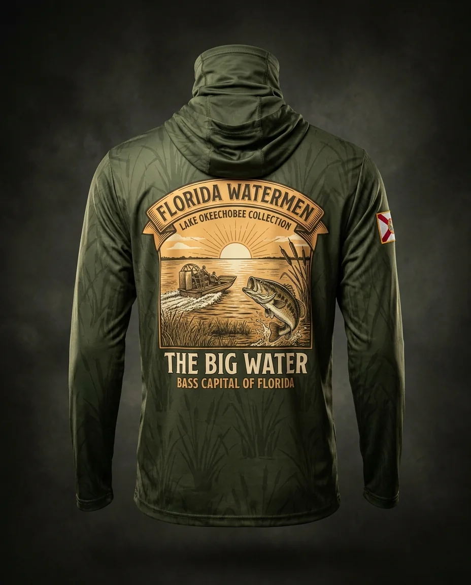 Lake Okeechobee collection hooded gaiter shirt — airboat in sawgrass marsh at dawn