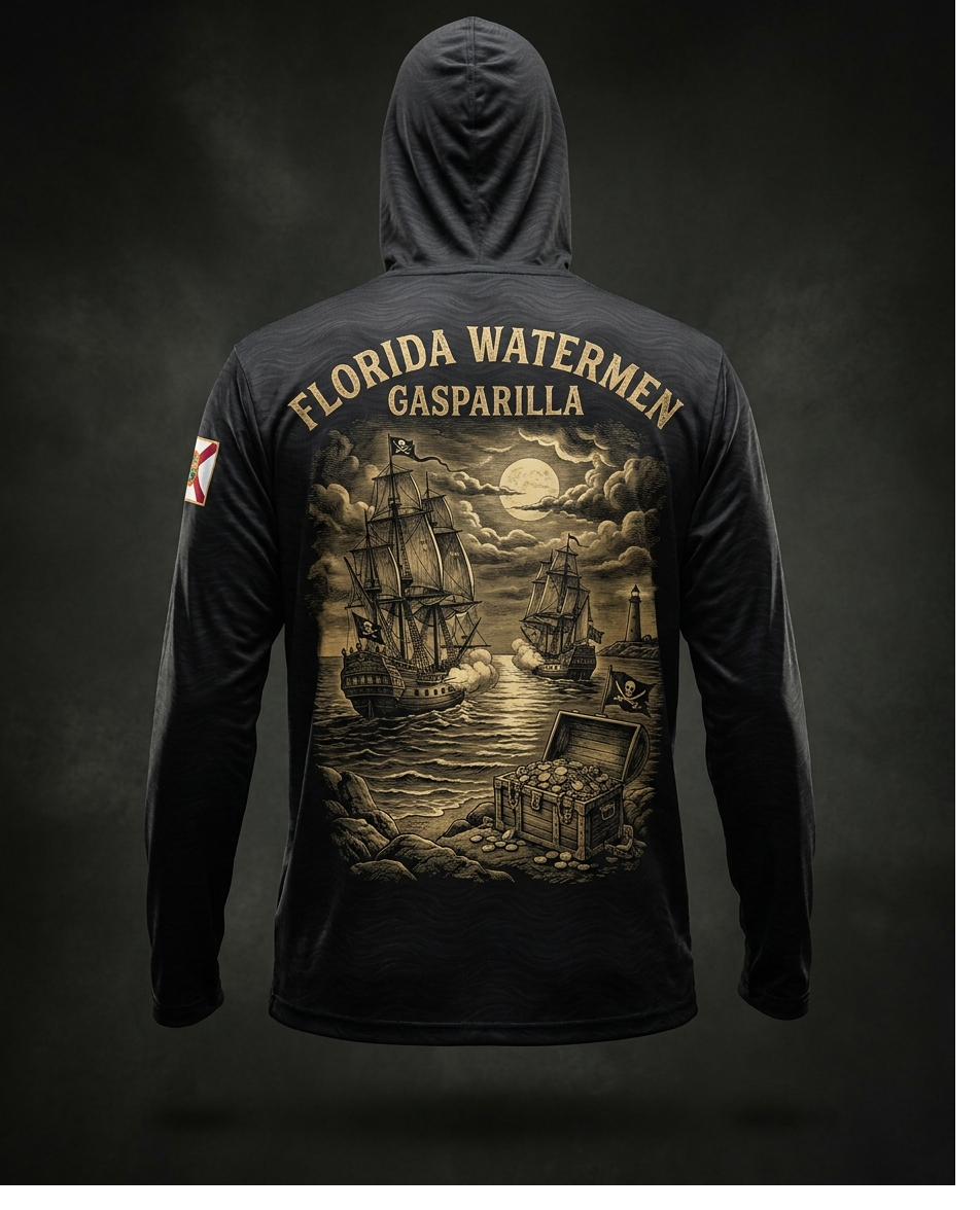 Gasparilla collection hooded gaiter shirt, pirate galleons battling on a moonlit sea