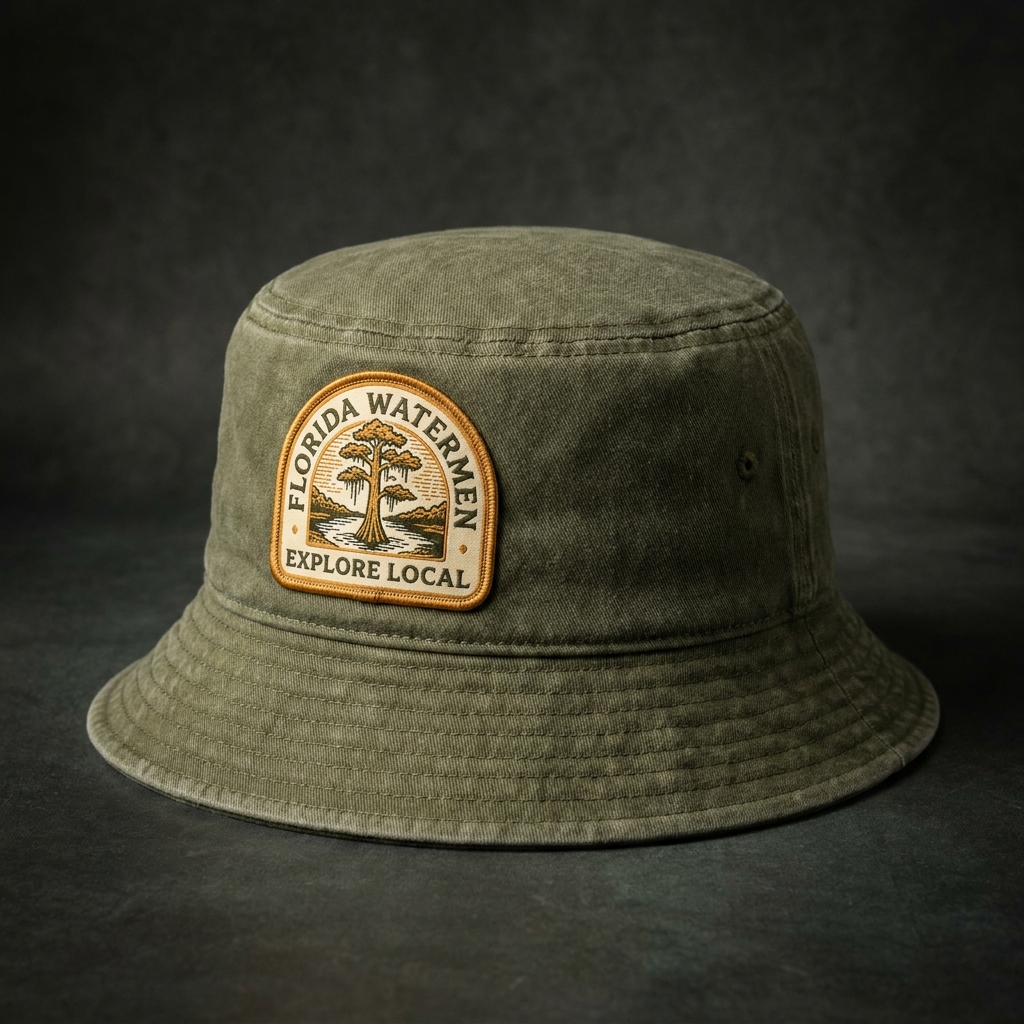 Florida Watermen olive bucket hat with cypress river patch