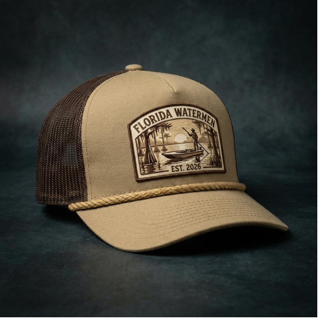 Florida Watermen rope trucker hat with engraved skiff patch