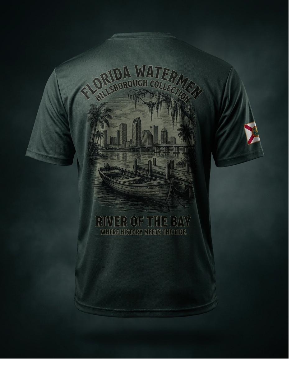 Hillsborough collection long sleeve shirt, river skiff against the Tampa skyline