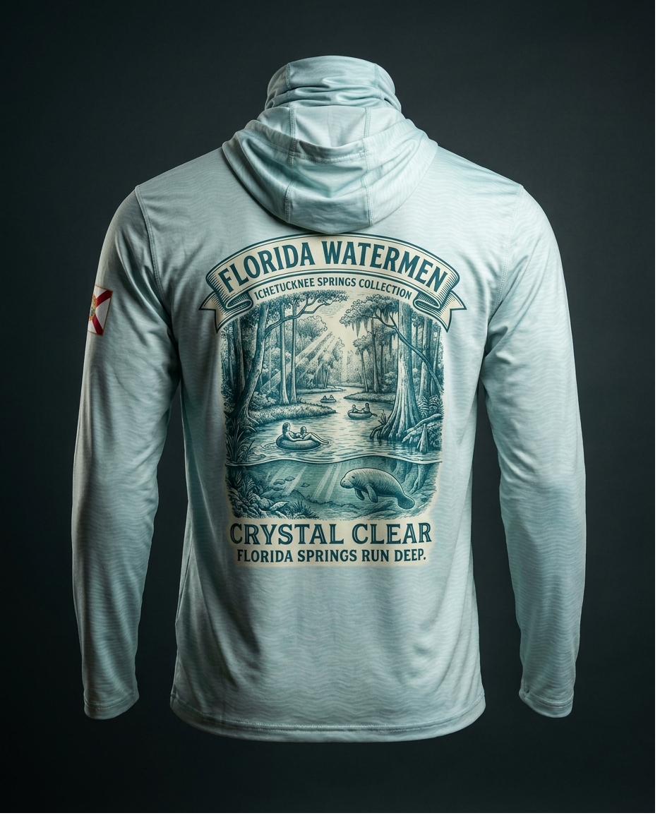 Ichetucknee Springs collection hooded gaiter shirt, crystal spring river through hardwood forest