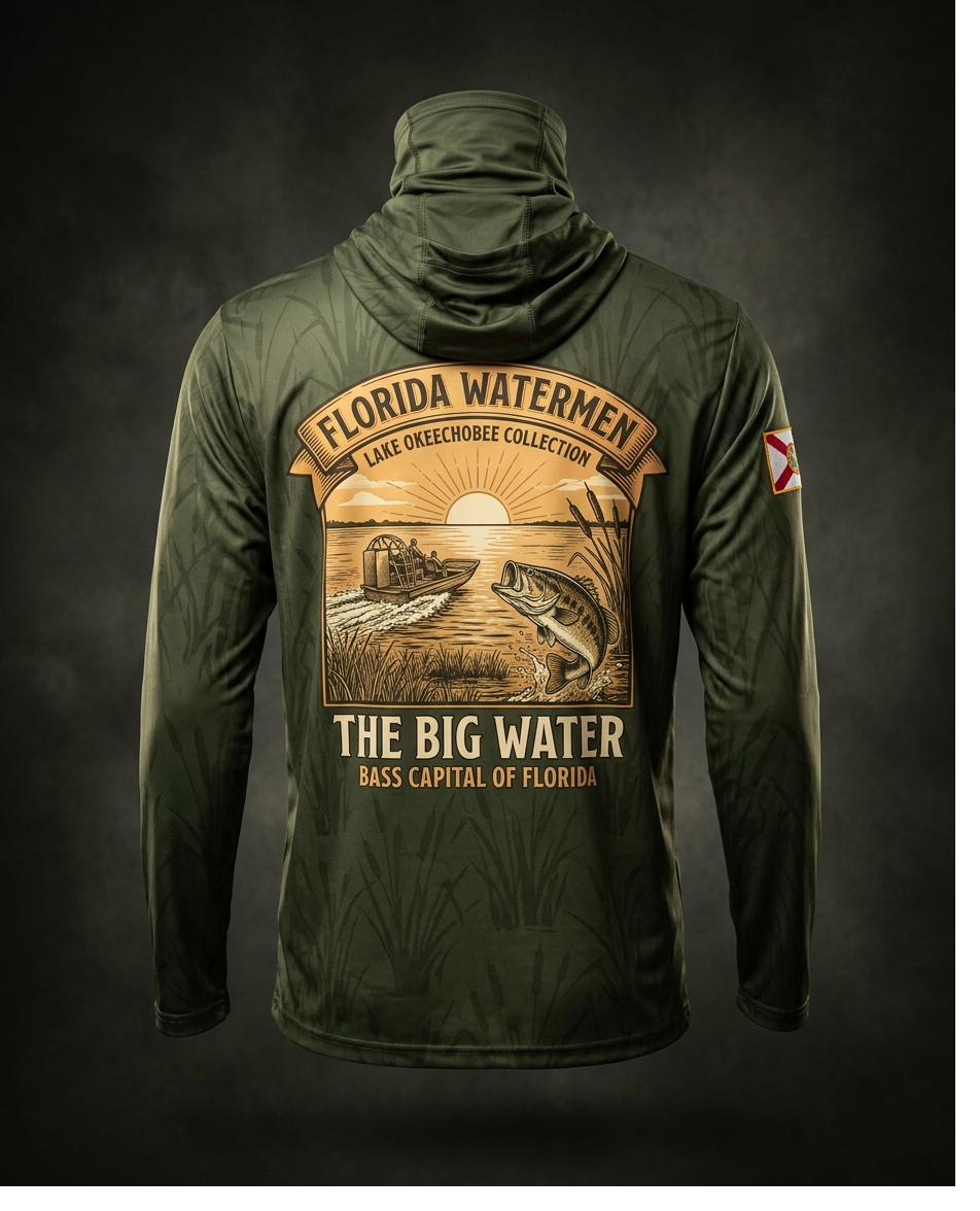 Lake Okeechobee collection hooded gaiter shirt, airboat in sawgrass marsh at dawn